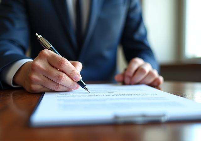 Professionista legale che scrive un contratto personalizzato in un ufficio moderno